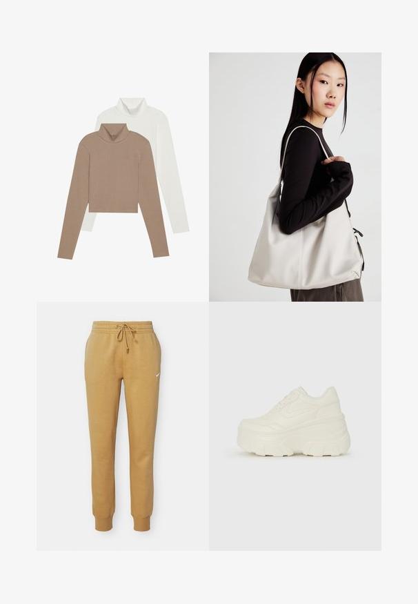 Dva puloverja z visokim ovratnikom: eden v mehki rjavi barvi z žičnatim teksturo in eden v gladki beli barvi. Oba imata dolge rokave in kratko zasnovo.; Nike trenirke v zlatosivi barvi, izdelane iz mehkega blaga, z vrvico za prilagajanje v pasu in rebrastimi manšetami. Vsebujejo majhen bel logotip.; Bele platformske tene z belim zgornjim delom, ki spominja na usnje, okroglo obliko, oblazinjen ovratnik ter gumo z teksturo na podplatu z izrazitimi profili.; Bežna torbica iz mehkega materiala, z ohlapno zasnovo, šivi in dvema naramnicama. Primerna za vsakodnevno uporabo.