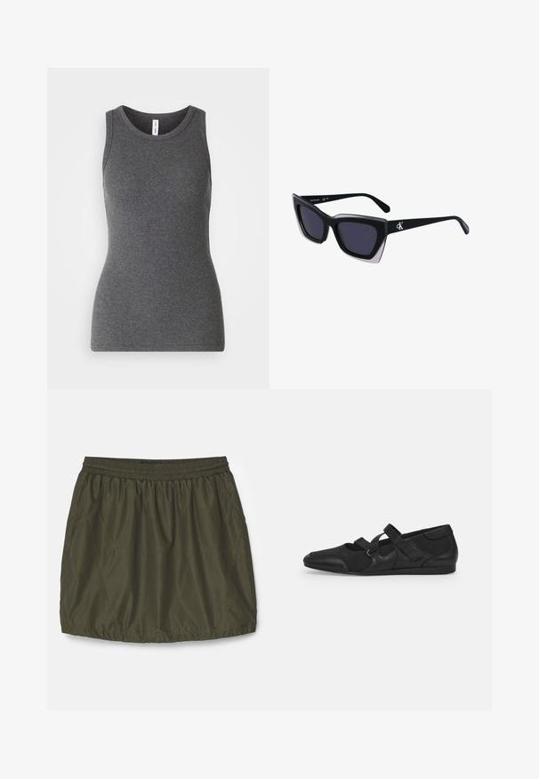 Top sin mangas gris hecho de material acanalado; cuenta con un cuello redondo y un diseño ajustado. Sin patrones ni acentos adicionales.; Falda ligera en verde olivo con cinturilla elástica, textura fruncida, bolsillos laterales y detalles cosidos.; Zapatos planos negros con un upper suave y texturizado, que presentan dos correas ajustables y un diseño de punta redondeada, montados sobre una suela plana de goma.; Gafas de sol negras de gran tamaño con una forma geométrica, que presentan lentes oscuros y un detalle gris contrastante en la montura. Logo en la pata.; Aros de plata en forma de aro con un acabado liso y brillante. Diseño redondeado y ligero, con cierre de tipo post-back.