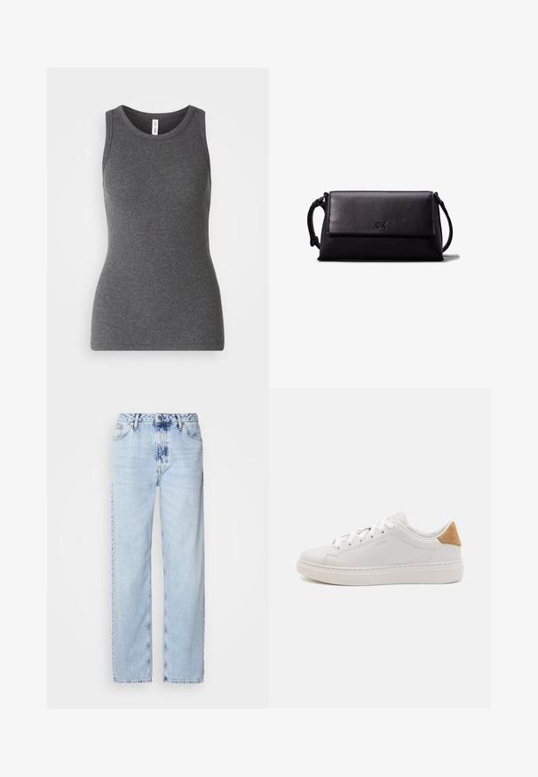 Siva bez rukava majica izrađena od rebrastog materijala; ima okrugli izrez i prilagođen dizajn. Bez uzoraka ili dodatnih akcenata.; Svijetloplave široke traperice od denima, s visokim strukom, izblijedjelim pranjem i suptilnim uzorkom tie-dye na prednjoj strani.; Bijele kožne tenisice s glatkom površinom, okruglim prstom, ravnim đonom i bež zamšacnim detaljem na peti. Imaju bijele vezice i detalj s logotipom.; Crna kožna torbica u obliku pravokutnika, glatke teksture, s ravnim preklopom i malom ručkom sa strane. Ima diskretni logo.; Srebro naušnice u obliku prstena s glatkom, sjajnom završnom obradom. Zaobljenog oblika, laganog dizajna, s kopčom na poleđini.