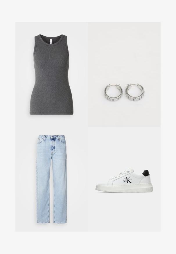 Γκρι αμάνικη μπλούζα φτιαγμένη από ριμπ υλικό; διαθέτει στρογγυλή λαιμόκοψη και εφαρμοστό σχέδιο. Χωρίς σχέδια ή πρόσθετες λεπτομέρειες.; Ανοιχτό μπλε παντελόνια με φαρδύ καβάλι από τζην, με υψηλή μέση, ξεθωριασμένο πλύσιμο και διακριτό σχέδιο tie-dye μπροστά.; Λευκό αθλητικό παπούτσι χαμηλού προφίλ με μαύρη ταμπέλα στη φτέρνα, πλατφόρμα, κορδόνια και λογότυπο "CK" της Calvin Klein στο πλάι.; Ασημένια σκουλαρίκια κρίκοι με υφή που διαθέτει κατακόρυφες ραβδώσεις. Κυκλικός σχηματισμός με ασφαλές κλείσιμο. Λείος φινίρισμα.