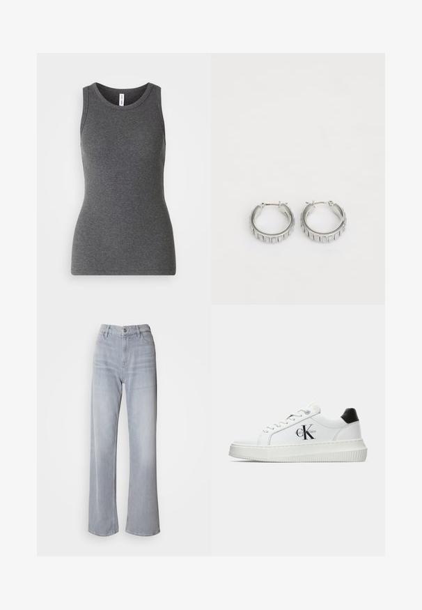 Siva bez rukava majica izrađena od rebrastog materijala; ima okrugli izrez i prilagođen dizajn. Bez uzoraka ili dodatnih akcenata.; Svijetlosive wide-leg traperice s visokim strukom, izrađene od denima. Imaju prednje džepove, patentni zatvarač i suptilno izbjeljivanje kroz cijelu površinu.; Bijeli niskotoperani tenisice s crnom petom, platformom, vezicama i "CK" logotipom Calvin Kleina sa strane.; Srebrne naušnice na obruče s teksturiranim dizajnom koji sadrži vertikalne rebra. Okrugli oblik s sigurnim zatvaranjem. Glatka završna obrada.