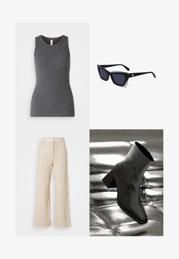 Sivý bezrukávový tričko z rebrovanej látky; má okrúhly výstrih a priliehavý strih. Žiadne vzory ani ďalšie akcenty.; Béžové nohavice s širokým strihom a textúrovaným, sieťovinovým dizajnom. Obsahujú šité panely a vysoký pás s pútkami na opasok.; Čierne členkové topánky vyrobené z lesklého materiálu so štvorcovou špičkou a zúženým podpätkom, na lesklom striebornom podklade s vystuženým vzorom.; Čierne oversized slnečné okuliare s geometrickým tvarom, s tmavými šošovkami a kontrastným šedým detailom na ráme. Logo na mostíku.; Strieborné kovové náušnice s hladkým tvarom kvapky a lesklým povrchom. Jemné rytiny pridávajú detail. Minimalistický dizajn.