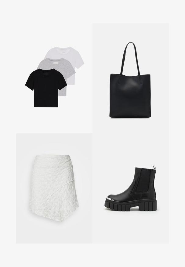 Kolm lyhythihaista t-paitaa mustana, harmaana ja valkoisena. Valmistettu puuvillasta, jossa on pyöreä kaula-auko ja yksinkertainen, tasavärinen muotoilu.; Even&Odd Minihame - off-white; Mustat nilkkurit, jotka on valmistettu sileästä nahasta ja joissa on joustavat paneelit, paksu alustakorko ja metallinen varvasosa.; Mustapahkainen kangaskassi, jossa on sileä pinta, suorakaiteen muotoinen ja kaksi pitkää kahvaa. Ei näkyvää metalliosaa tai koristeita.