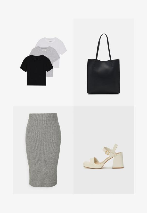 Sada troch tričiek s krátkym rukávom v čiernej, šedej a bielej farbe. Vyrobené z bavlny, s okrúhlym výstrihom a jednoduchým, jednofarebným dizajnom.; Sivá ryhovaná pletená ceruzková sukňa s priliehajúcim siluetou, ktorá má elastický pás a jemnú textúru. Sukňa je strednej dĺžky.; Beige sandále na vysokom podpätku so širokou platformou a blokovým podpätkom. Majú prepojovaciu pracku okolo členka a hladký povrch.; Čierna kožená taška na rameno s hladkým povrchom, obdĺžnikovým tvarom a dvoma dlhými uchami. Bez viditeľného kovania alebo ozdôb.