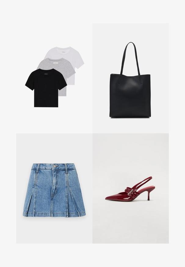 Három rövidujjú póló készlet fekete, szürke és fehér színben. Pamutból készült, kerek nyakú, egyszerű, egyszínű dizájnnal.; Világoskék farmerszoknya, rakott dizájnnal, ezüst gombos zárral és klasszikus öt zsebes stílusban.; Piros lakkbőr slingback sarokcipő, hegyes orral, két csatoló pánttal és vékony, közepes magasságú stiletto sarokkal. Simább textúrájú.; Fekete bőrtáska sima felszínnel, téglalap alakú, két hosszú füllel. Nincs látható fémkiegészítő vagy díszítés.