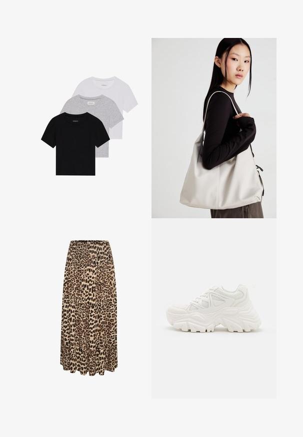 Ensemble de trois t-shirts à manches courtes en noir, gris et blanc. Fabriqués en coton, avec un col rond et un design simple de couleur unie.; Jupe maxi en imprimé léopard avec une taille smockée et un ourlet à volants superposés, présentant des tons de beige, de marron et de noir dans un tissu doux.; Baskets blanches épaisses avec un dessus texturé, des panneaux en mesh et des semelles en caoutchouc épaisses avec un motif de semelle prominent. Lacets et tirette inclus.; Sac à main beige en matériau souple, avec un design décontracté, des détails cousus et deux poignées. Idéal pour un usage quotidien.