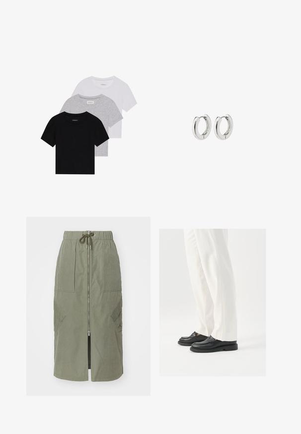 Trijų trumpomis rankovėmis marškinėlių rinkinys juodos, pilkos ir baltos spalvos. Pagaminti iš medvilnės, turi apvalų iškirpimą ir paprastą, vientisos spalvos dizainą.; Olivinės spalvos midi sijonas, pagamintas iš lengvos medžiagos, su priekiniais užtrauktukais, elastinga juosmens juostele ir didelėmis šoninėmis kišenėmis su kampiniais kišenės dangteliais.; Juodi odiniai loafersai su lygia tekstūra, siuvinėjimo detalėmis ir apvaliu pirštu, derinami su baltais pritaikytais kelniais.; Sidabriniai auskarai su poliruotu paviršiumi, turintys apvalią dizaino formą ir be siūlių vyriukus, rodantys lygų paviršių.