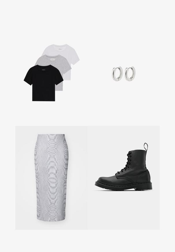 Sada troch tričiek s krátkym rukávom v čiernej, šedej a bielej farbe. Vyrobené z bavlny, s okrúhlym výstrihom a jednoduchým, jednofarebným dizajnom.; Šedá rebrovaná midi sukňa s priliehavým strihom, ktorá má textúrovaný vzor po celom obvode a pevnú pásovú časť pre pohodlie.; Čierna kožená bojová topánka s okrúhlou špičkou, šnurovaním na prednej strane a pútkom pri členku. Má hrubú gumovú podrážku pre trvanlivosť.; Strieborné kruhové náušnice s lešteným povrchom, s obvodovým dizajnom a bezšvíkovými pántmi, ktoré majú hladkú textúru.