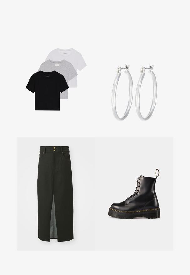 Komplet treh majic s kratkimi rokavi v črni, sivi in beli barvi. Izdelane iz bombaža, z okroglim izrezom in preprostim, enobarvnim dizajnom.; Črna denim krila z visokim pasom, dvema zlatima gumboma za zapiranje, sprednjim razporkom in stranskima žepoma. Gladka tekstura in dolžina do kolen.; Črne usnjen lace-up gležnjarje z debelim črnim podplatom in rumenim šivanjem. Imajo zanko na hrbtni strani in okrogle kovinske učke.; Srebrni obroči za ušesa z gladko, polirano površino. Okrogla oblika in varna zaponka s klikom. Lahka zasnova, primerna za vsakodnevno nošenje.