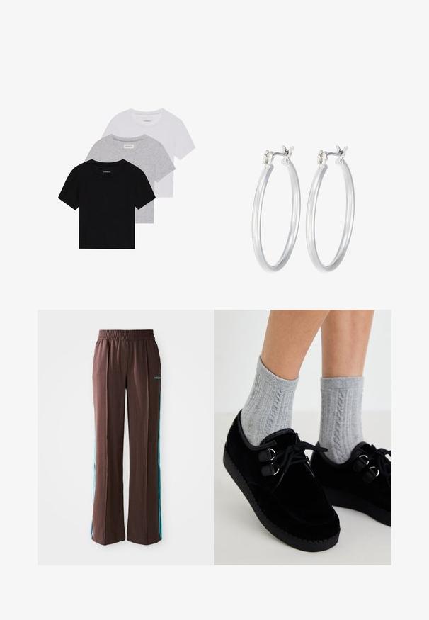 Conjunto de tres camisetas de manga corta en negro, gris y blanco. Están hechas de algodón, cuentan con cuello redondo y un diseño simple de un solo color.; Pantalones deportivos marrones con textura acanalada, cinturilla elástica y rayas laterales turquesas. Presenta el logo de adidas en la parte frontal.; Zapatos de terciopelo negro con suelas planas, punta redonda y ojales dobles. Llevados con calcetas grises de punto trenzado. Textura suave y diseño sencillo.; Pendientes de aro de plata con un acabado liso y pulido. Forma redonda y cierre de click seguro. Diseño ligero adecuado para el uso diario.