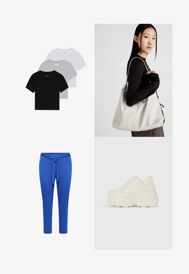Set of three short-sleeve t-shirts in black, gray, and white. Made from cotton, featuring a crew neck and a simple, solid color design.; Blue tapered pants made of stretchy fabric with a belted waist, featuring a smooth texture and a mid-calf length.; White platform sneakers featuring a smooth leather-like upper, rounded shape, padded collar, and textured rubber sole with defined treads.; Beige handbag made of soft material, featuring a slouchy design, stitched detailing, and two shoulder straps. Suitable for everyday use.