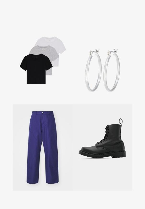 Sæt af tre kortærmede t-shirts i sort, grå og hvid. Fremstillet af bomuld, har en rund hals og et enkelt, ensfarvet design.; Carhartt WIP BRANDON DOUBLE KNEE PANT - Cargobukser - aura rinsed; Sort læder kampstøvle med rund tå, snørebånd foran og en løkke ved anklen. Har en tyk gummisål for holdbarhed.; Sølv hoop øreringe med en glat, poleret overflade. Rund form og sikker klik-lukning. Letvægtsdesign, der er velegnet til hverdagsbrug.