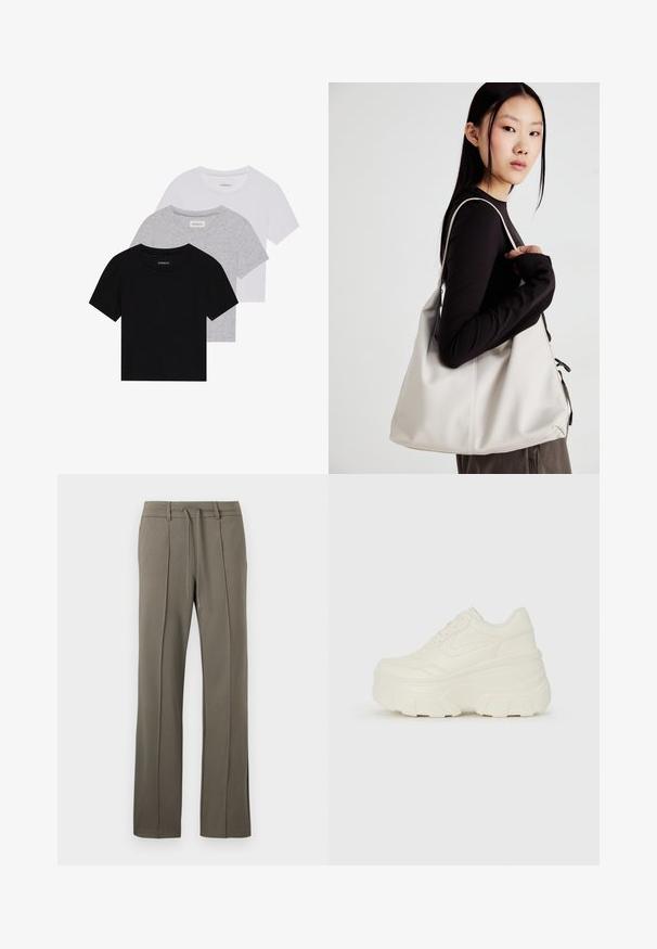 Set od tri majice kratkih rukava u crnoj, sivoj i bijeloj boji. Izrađene od pamuka, s okruglim izrezom i jednostavnim, jednobojnim dizajnom.; Khaaki hlače ravnog kroja, s elastičnom trakom u struku i dva prednja plisirana detalja. Izrađene su od mekog, teksturiranog materijala.; Bijele platformske tenisice s glatkim gornjim dijelom koji nalikuje koži, zaobljenim oblikom, podstavljenim okvirom i teksturiranim gumeni potplat s definiranom profilacijom.; Bežna torba od mekog materijala s opuštenim dizajnom, šivanim detaljima i dva remena za rame. Pogodna za svakodnevnu upotrebu.