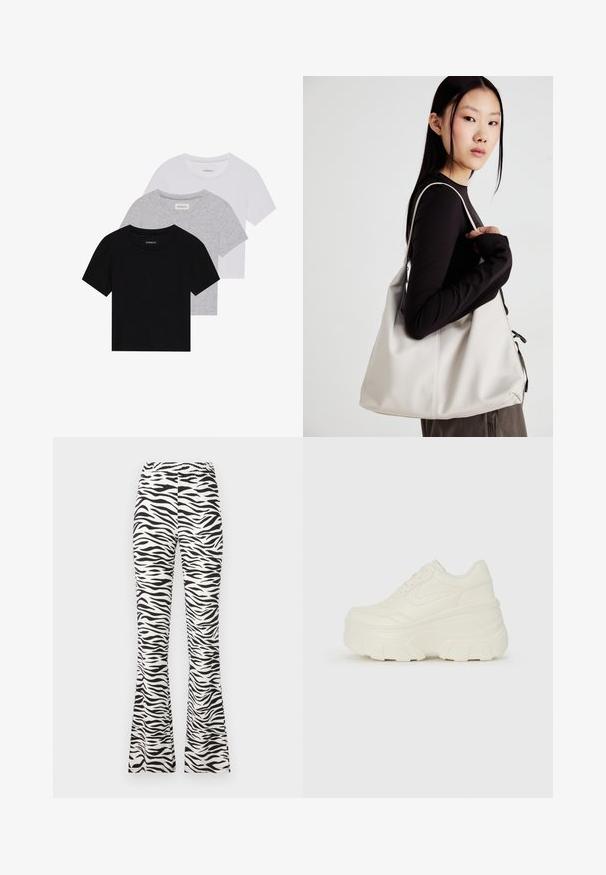 Kollektsioon kolm lühikese varrukaga T-särki mustas, hallis ja valges värvitoonis. Valmistatud puuvillast, ümmarguse kaelusega ja lihtsa, ühevärvilise disainiga.; Mustvalged flared püksid, millel on sebra mustriga prinditud, valmistatud kergest kangast ja elastse vöökoha jaoks mugavuse tagamiseks.; Valged platvormi tõusukingad, millel on siledast nahast meenutav pealis, ümar kuju, pehmendatud kaelus ja tekstureeritud kummitald koos selgete hüdrofoobsete mustritega.; Bež käekott pehme materjali, millel on lõtv disain, õmblustega detailid ja kaks õlarihma. Sobib igapäevaseks kasutamiseks.