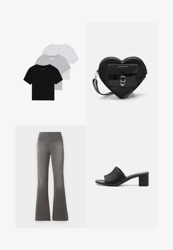 Conjunto de três t-shirts de manga curta nas cores preto, cinza e branco. Feitas em algodão, com gola redonda e um design simples, em cores sólidas.; Calças cinzas de perna ampla com uma cintura lisa e elástica, com um ajuste justo nas coxas, passando para uma abertura de perna mais larga.; Mules pretos de couro com salto bloco, com ponta aberta, apresentando uma superfície suave e uma parte superior ligeiramente curvada para conforto e estilo.; Bolsa em forma de coração preta, feita de couro envernizado, com um bolso frontal apresentando um fecho de fivela e uma alça removível. Acessórios em aço inoxidável.