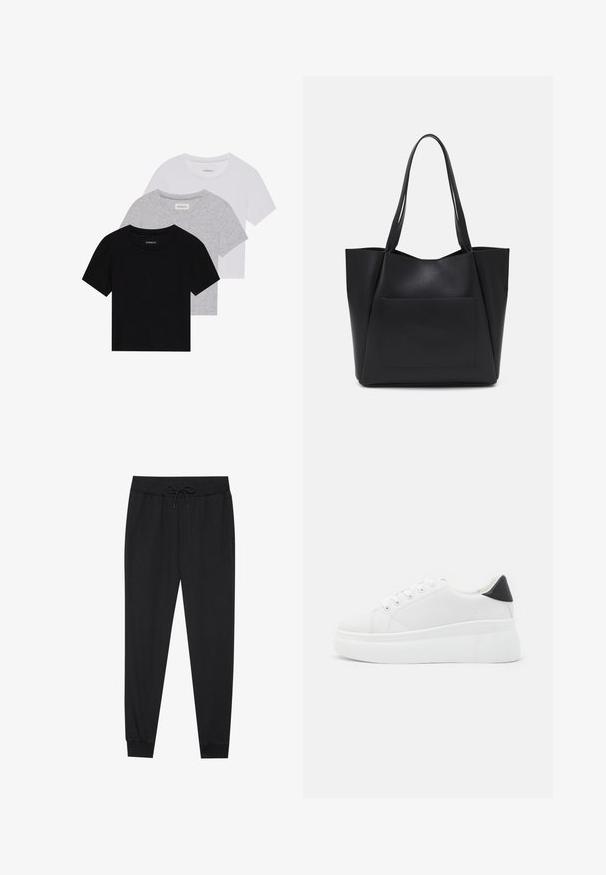 Sada troch tričiek s krátkym rukávom v čiernej, šedej a bielej farbe. Vyrobené z bavlny, s okrúhlym výstrihom a jednoduchým, jednofarebným dizajnom.; Čierne tepláky vyrobené z mäkkého materiálu, s elastickým pásom a šnúrkou, zúženými nohavicami a rebrovanými manžetami na členkoch.; Biele platformové tenisky vyrobené z hladkého syntetického materiálu, so zaoblenou špičkou, šnurovacím dizajnom a textúrovanou gumovou podrážkou. Čierny akcent na päte.; Čierna taška na rameno vyrobená z hladkého syntetického materiálu, s dvoma dlhými rúčkami a prednou vreckom na sklzu. Otvorený vrch s ostrým dizajnom.