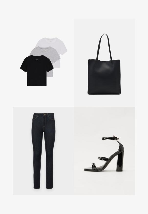 Három rövidujjú póló készlet fekete, szürke és fehér színben. Pamutból készült, kerek nyakú, egyszerű, egyszínű dizájnnal.; Sötétkék, skinny farmernadrág, klasszikus öt zsebes kialakítással, arany varrási részletekkel és gombos záródással a deréknál.; Fekete lakk magas sarkú szandál négyzet alakú orral, bokapántokkal és ezüst csatokat tartalmaz. Masszív blokk sarka a stabilitásért felel.; Fekete bőrtáska sima felszínnel, téglalap alakú, két hosszú füllel. Nincs látható fémkiegészítő vagy díszítés.