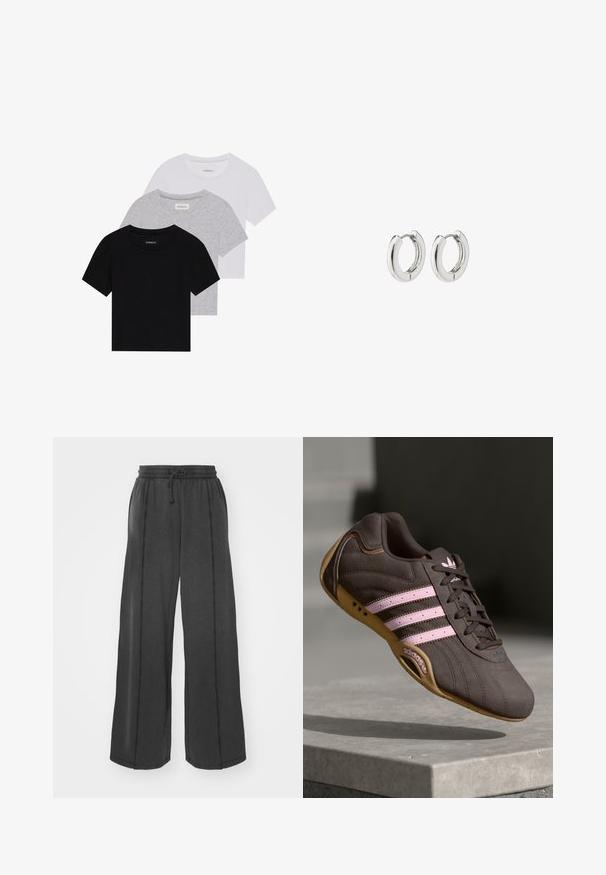 Zestaw trzech koszulek z krótkim rękawem w kolorze czarnym, szarym i białym. Wykonane z bawełny, z okrągłym dekoltem i prostym, jednolitym wzorem.; Szerokie czarne spodnie wykonane z miękkiego materiału, z elastycznym pasem i sznurkiem do regulacji. Posiadają kontrastowe szwy wzdłuż bocznych szwów.; Brązowy zamszowy but sportowy z różowymi paskami i logo, z teksturowaną cholewką, sznurowaniem i gumową podeszwą.; Srebrne kolczyki na kółkach o polerowanym wykończeniu, z okrągłym wzorem i bezszwowymi zawiasami, charakteryzujące się gładką teksturą.