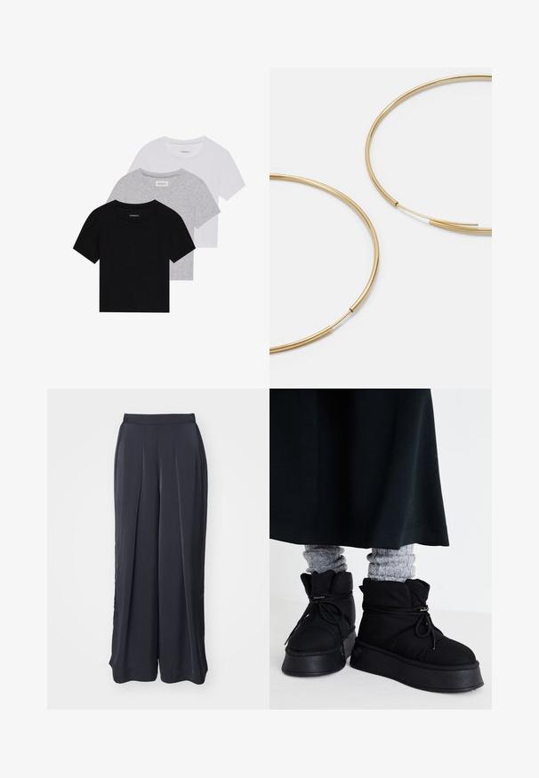 Trīs īsām piedurknēm T-krekli melnā, pelēkā un baltā krāsā. Izgatavoti no kokvilnas, ar apaļu kakla izgriezumu un vienkāršu, viendabīgu krāsas dizainu.; Melni plaši bikses ar krokām priekšpusē, izgatavotas no gluda auduma. Iespējas ietver elastīgu jostasvietu un tīru apmale.; Melni pūkaini potītes ar plakanu zoli, auklām un izteiksmīgu šuvumu. Apvienoti ar pelēkiem ribotajiem zeķēm, kas izspraucās ārā, valkāti ar tumšu svārku.; Zelta krāsas auskari gredzena formā, plāni un apaļi, ar gludu metāla apdari un bez rotājumiem vai zīmējumiem.