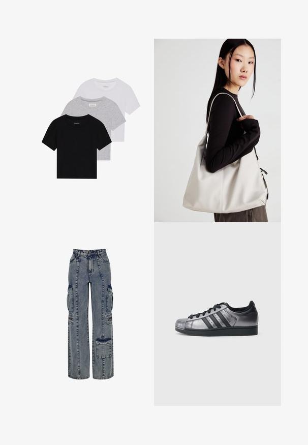 Kollektsioon kolm lühikese varrukaga T-särki mustas, hallis ja valges värvitoonis. Valmistatud puuvillast, ümmarguse kaelusega ja lihtsa, ühevärvilise disainiga.; Heledad denim cargo püksid helesinises toonis. Omavad laia lõikega jalgu, mitmeid külgtaskuid ja kontrastseid tumeda denimist aktsente. Struktureeritud nähtavate õmblustega.; Mustad ja metallik hõbedased tossud ümarate varvaste, kolme musta triibu ja tekstuurse pealispinnaga. Mustad paelad ja kummist talla.; Bež käekott pehme materjali, millel on lõtv disain, õmblustega detailid ja kaks õlarihma. Sobib igapäevaseks kasutamiseks.