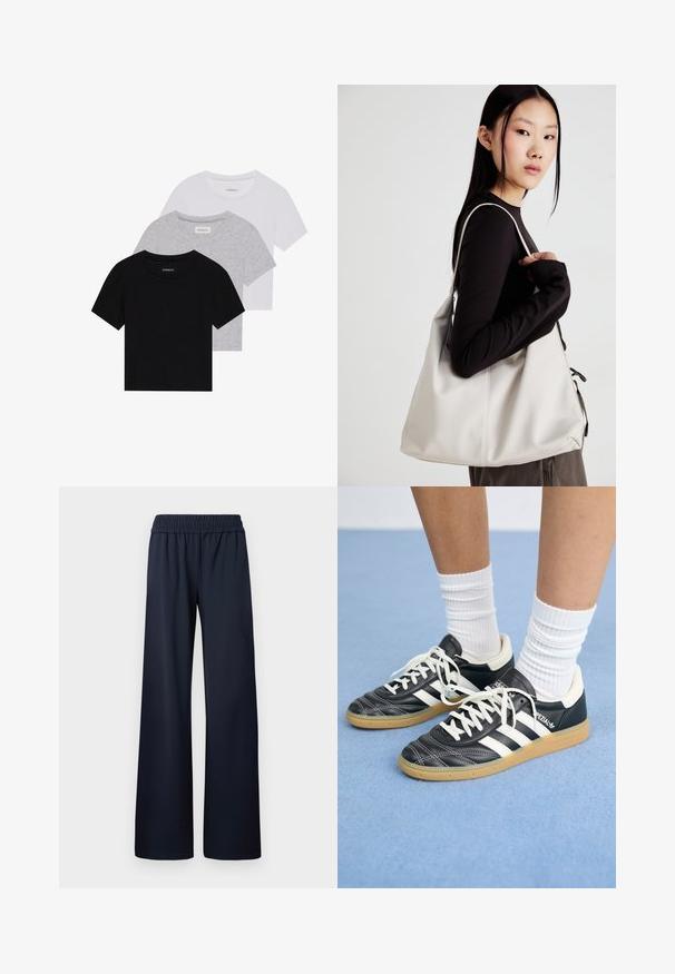 Kollektsioon kolm lühikese varrukaga T-särki mustas, hallis ja valges värvitoonis. Valmistatud puuvillast, ümmarguse kaelusega ja lihtsa, ühevärvilise disainiga.; Tumesinine laiad püksid, valmistatud siledast kangast, elastse vöökohaga ja täispikkusega, ilma lisadeta.; Mustad nahast tennisetossud valgete triipudega, ümar nina, valged paelad ja kummist tallad. Esiletõstetud pehmendatud krae ja brändingu detailid.; Bež käekott pehme materjali, millel on lõtv disain, õmblustega detailid ja kaks õlarihma. Sobib igapäevaseks kasutamiseks.