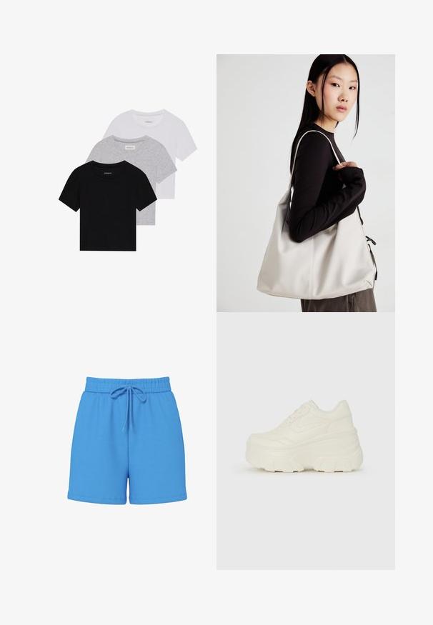 Set van drie korte mouwen t-shirts in zwart, grijs en wit. Gemaakt van katoen, met een ronde hals en een eenvoudig, effen kleurontwerp.; Blauwe katoenen shorts met een elastische tailleband en trekkoord. Glad textuur, boven de knie lengte, geen zichtbare patronen of accenten.; Witte platform sneakers met een gladde leren bovenkant, afgeronde vorm, gewatteerde kraag en een gestructureerde rubberen zool met duidelijke profiel.; Beige handtas gemaakt van zacht materiaal, met een slonzig ontwerp, gestikte details en twee schouderbanden. Geschikt voor dagelijks gebruik.