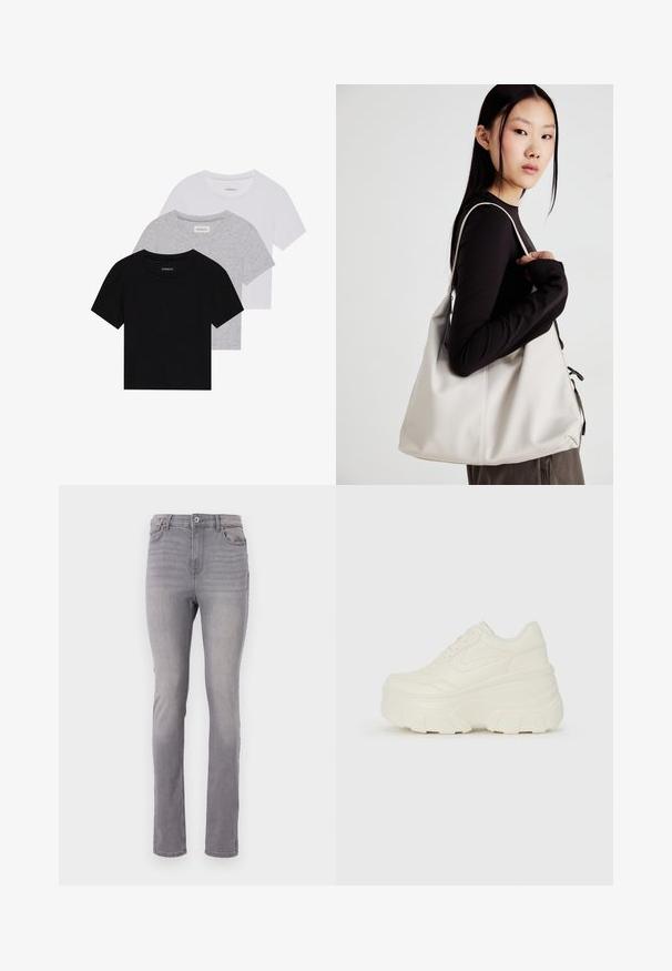 Sada tří triček s krátkým rukávem v černé, šedé a bílé barvě. Vyrobena z bavlny, s kulatým výstřihem a jednoduchým jednobarevným designem.; Šedé džíny vyrobené z denimu se rovnými nohavicemi, pěti kapsami a klasickým zapínáním na knoflík a zip. Hladká textura s jemným vyblednutím.; Bílé platformové tenisky s hladkým svrškem podobným kůži, zaobleným tvarem, polstrovaným límcem a texturovanou gumovou podrážkou s vyznačenými vzory.; Beige kabelka vyrobená z měkkého materiálu, s volným designem, prošívanými detaily a dvěma ramenními popruhy. Vhodná pro každodenní použití.