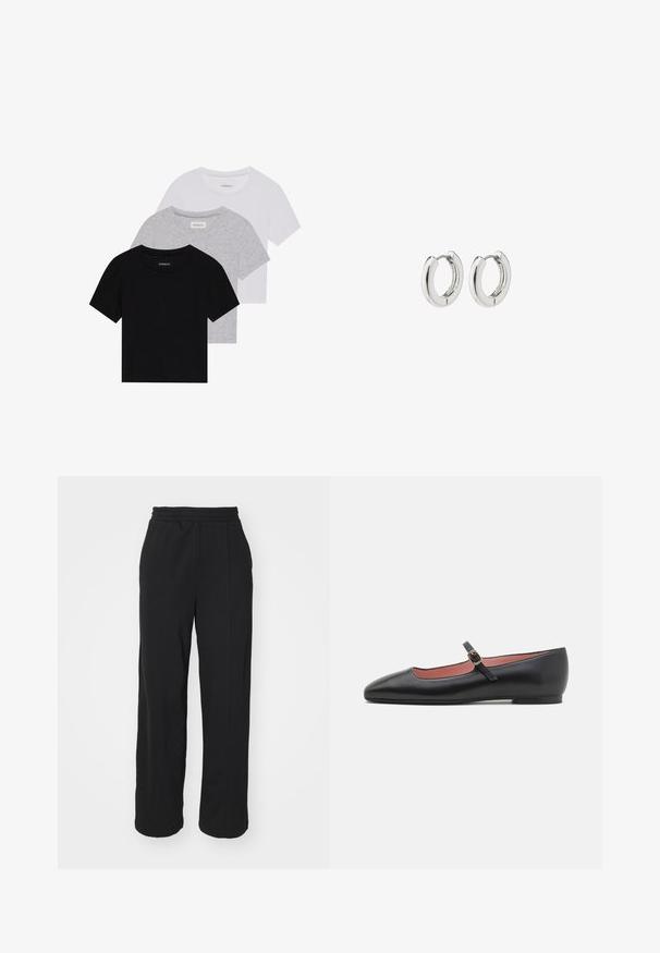 Sada troch tričiek s krátkym rukávom v čiernej, šedej a bielej farbe. Vyrobené z bavlny, s okrúhlym výstrihom a jednoduchým, jednofarebným dizajnom.; GAP PANT - Tepláky - true black; Čierna kožená plochá topánka s špicatou špičkou a členkovým remienkom, ktorý má zlatú sponu. Hladký povrch s mierne lesklým finišom.; Strieborné kruhové náušnice s lešteným povrchom, s obvodovým dizajnom a bezšvíkovými pántmi, ktoré majú hladkú textúru.