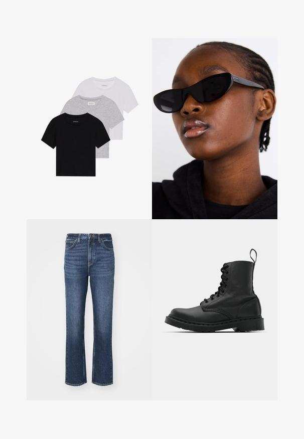 Conjunto de três t-shirts de manga curta nas cores preto, cinza e branco. Feitas em algodão, com gola redonda e um design simples, em cores sólidas.; Jeans de ganga azul com corte amplo, apresentando um design clássico de cinco bolsos, acabamentos em metal e um desbotamento subtil na frente.; Bota de combate em couro preto com bico redondo, atacadores na parte da frente e um puxador no tornozelo. Apresenta uma sola de borracha grossa para maior durabilidade.; Óculos de sol cat-eye pretos com acabamento mate, com um design elegante e bordas suavemente curvadas, colocados em contraste com a roupa escura de um modelo.