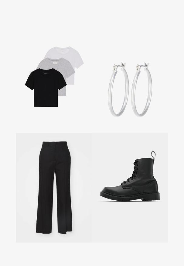 Set of three short-sleeve t-shirts in black, gray, and white. Made from cotton, featuring a crew neck and a simple, solid color design.; Black wide-leg trousers made of lightweight fabric, featuring a flat front, belt loops, and a clean finish at the hem.; Black leather combat boot with a round toe, lace-up front, and a pull tab at the ankle. Features a thick rubber sole for durability.; Silver hoop earrings with a smooth, polished finish. Round shape and secure click-top closure. Lightweight design suitable for everyday wear.