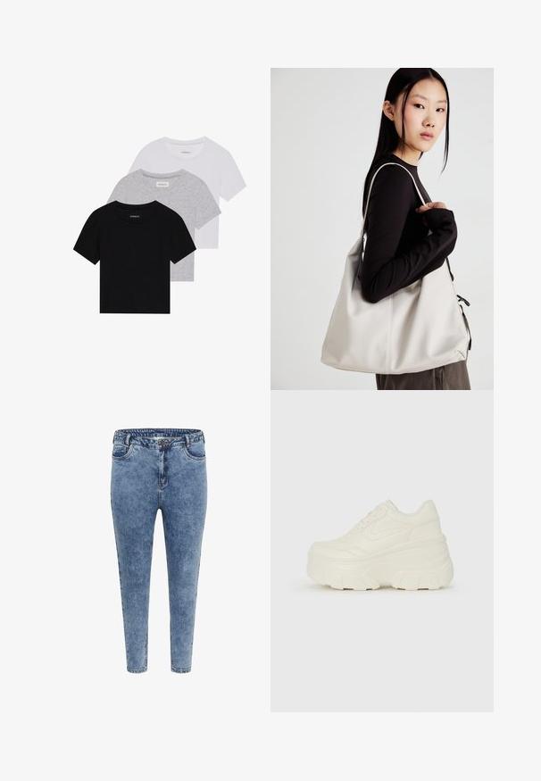 Set od tri majice kratkih rukava u crnoj, sivoj i bijeloj boji. Izrađene od pamuka, s okruglim izrezom i jednostavnim, jednobojnim dizajnom.; Plave traperice uskog kroja s visokim strukom, pet džepova i zatvaranjem na rajsferšlus. Tkanina ima blago izbjeljen izgled s kontrastnim šavovima.; Bijele platformske tenisice s glatkim gornjim dijelom koji nalikuje koži, zaobljenim oblikom, podstavljenim okvirom i teksturiranim gumeni potplat s definiranom profilacijom.; Bežna torba od mekog materijala s opuštenim dizajnom, šivanim detaljima i dva remena za rame. Pogodna za svakodnevnu upotrebu.