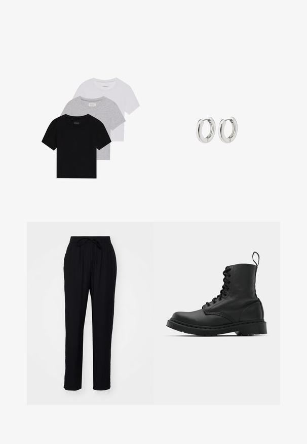 Set od tri majice kratkih rukava u crnoj, sivoj i bijeloj boji. Izrađene od pamuka, s okruglim izrezom i jednostavnim, jednobojnim dizajnom.; Crne hlače s opuštenim krojem, elastičnim pojasom i uzicom. Izrađene od lagane tkanine, s ravnim nogavicama i bez džepova.; Crne kožne vojničke čizme s okruglim vrhom, vezicama sprijeda i petljom na gležnju. Imaju gusti gumeni potplat za izdržljivost.; Srebrne kružne naušnice s poliranim završetkom, koje imaju kružni dizajn i bešavne šarke, prikazujući glatku teksturu.