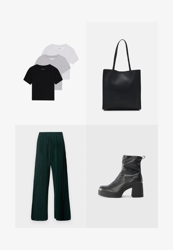 Sada troch tričiek s krátkym rukávom v čiernej, šedej a bielej farbe. Vyrobené z bavlny, s okrúhlym výstrihom a jednoduchým, jednofarebným dizajnom.; Plisé nohavice s širokými nohavicami v tmavozelenej farbe. Vyrobené z mäkkej tkaniny s textúrovaným dizajnom a elastickým pásom pre pohodlie.; Čierne členkové topánky z hladkej kože, so bočným zipsom, robustnou textúrovanou pätnou časťou a zaobleným dizajnom špičky.; Čierna kožená taška na rameno s hladkým povrchom, obdĺžnikovým tvarom a dvoma dlhými uchami. Bez viditeľného kovania alebo ozdôb.
