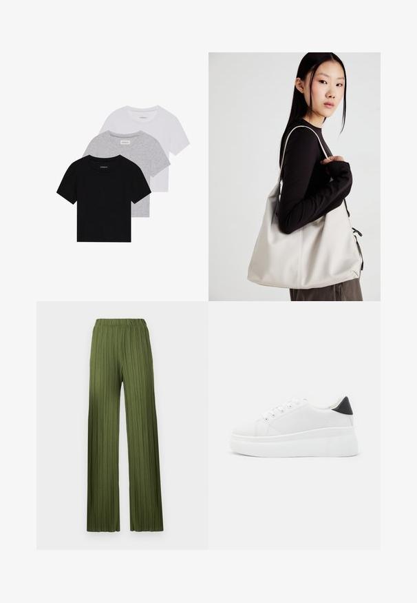 Conjunto de três t-shirts de manga curta nas cores preto, cinza e branco. Feitas em algodão, com gola redonda e um design simples, em cores sólidas.; Calças largas plissadas verdes com um cós elástico. O tecido texturizado apresenta riscas verticais para um aspeto fluido.; Tênis plataforma brancos feitos de material sintético suave, apresentando ponta arredondada, design com cadarços e sola de borracha texturizada. Acento preto no calcanhar.; Uma bolsa bege feita de material macio, com um design descontraído, detalhes de costura e duas alças para o ombro. Adequada para uso diário.