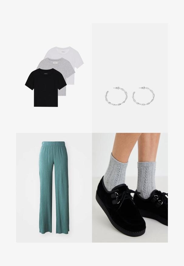 Sada tří triček s krátkým rukávem v černé, šedé a bílé barvě. Vyrobena z bavlny, s kulatým výstřihem a jednoduchým jednobarevným designem.; Světle tyrkysové, široké kalhoty vyrobené z texturované tkaniny s elastickým pasem, nabízející uvolněný střih a rovný cut.; Černé sametové boty s plochou podrážkou, kulatou špičkou a dvojitými otvory na šněrování. Nosené s šedými ponožkami s pleteným vzorem. Hladký povrch a jednoduchý design.; Stříbrné kruhové náušnice s točeným designem, se lesklým povrchem a uzávěrem na kolík. Průměr přibližně 3 cm.