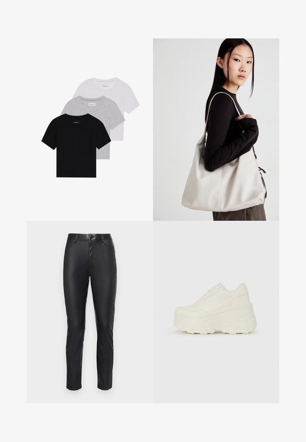 Három rövidujjú póló készlet fekete, szürke és fehér színben. Pamutból készült, kerek nyakú, egyszerű, egyszínű dizájnnal.; Fekete műbőr nadrág, amely sima kialakítással rendelkezik, testhezálló fazonnal, öt zsebbel és gombos záródással a derekán.; Fehér platform sportcipők, sima bőrszerű felsőrésszel, kerek formával, párnázott bokával és texturált gumitalppal, jól definiált mintázattal.; Puha anyagból készült bézs kézitáska, laza dizájnnal, varrott részletekkel és két vállpánttal. Mindennapi használatra alkalmas.