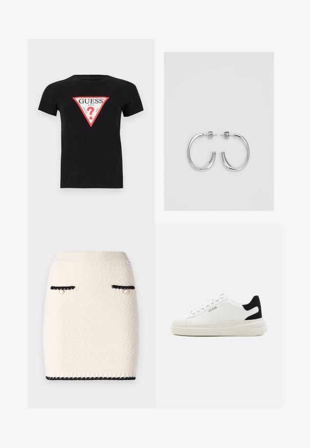 Juoda medvilnės marškinėliai su trikampiu raudonu ir baltu logotipu, kuriame yra užrašas "GUESS U.S.A." ir klausimo ženklas centre. Trumpomis rankovėmis.; Knit mini sijonas kreminės spalvos su tekstūruotu zigzags raštu, akcentuotas juodos spalvos apdailomis aplink kišenes ir hemą, bei auksinės spalvos detalėmis.; Baltos odinės sportbačiai su storu baltu padu, juodu nubuko kulno akcentu ir iškilmingu logotipu šone. Su raišteliais, turinčiais šešis akinius.; Sidabrinės auskarai žiedai su lygiu, blizgiu paviršiumi. Suapvalinta forma, lengvas dizainas, su uždarymu ant smeigtuko.