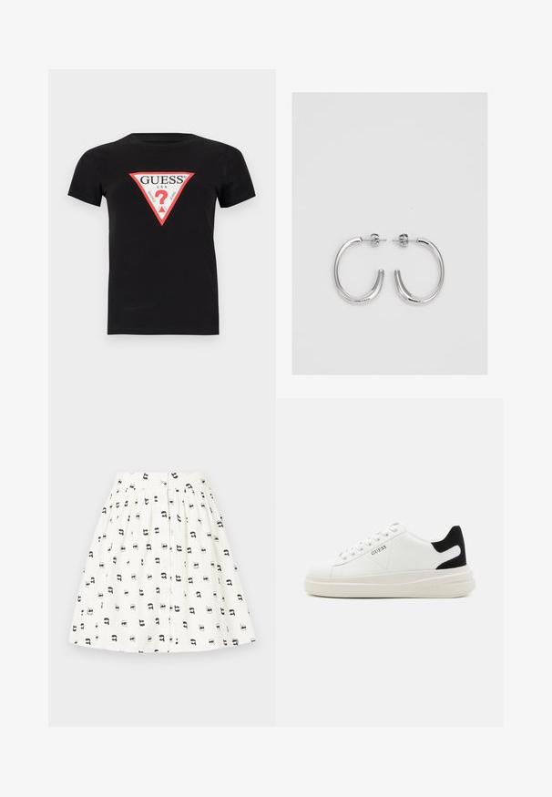 Musta puuvillapaita, jossa on kolmiomainen punainen ja valkoinen logo, jossa lukee "GUESS U.S.A." ja kysymysmerkki keskellä. Lyhyet hihat.; Valkoinen kangashame, jossa on pieniä mustia sarjakuvakasvoja erilaisilla asusteilla. Hameessa on nappikiinnitys edessä ja rypytetty vyötärö.; Valkoiset nahkakengät paksulla valkoisella pohjalla, mustalla mokkanahkaosuudella kannassa ja kohokuvioitu logo sivulla. Nauhakeskitys kuudella reiällä.; Hopehopeet hopehopeet hopehopeet hopehopeet, jolla on sileä, kiiltävä pinta. Pyöreä muoto, kevyt rakenne, jossa on neulakiinnitys.