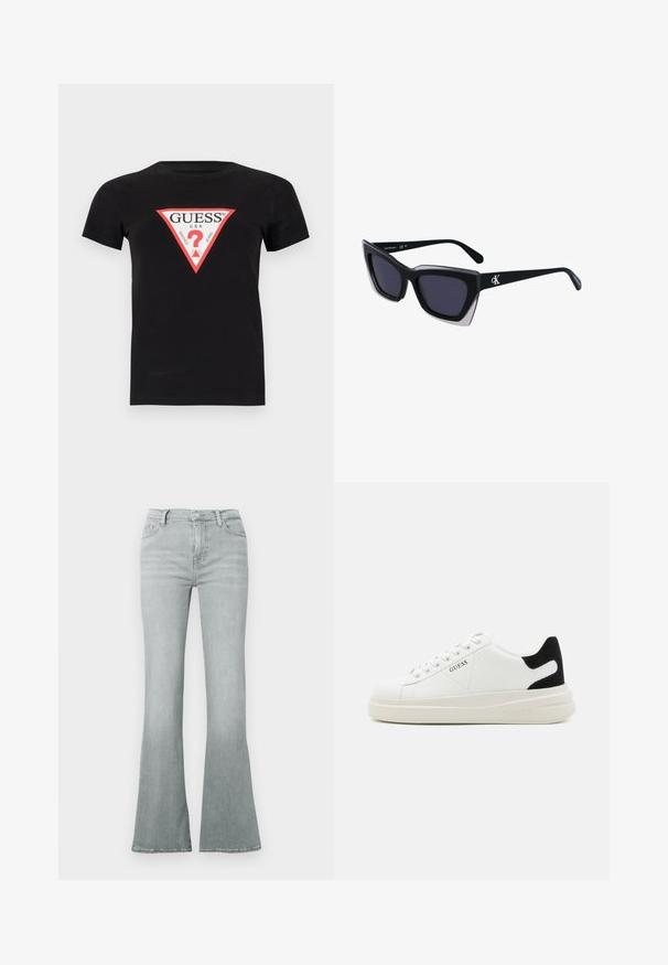 Črna bombažna majica s kratkimi rokavi, ki ima trikotno rdeče in bele logotipe z napisom "GUESS U.S.A." in vprašajem v osredini.; Svetlo sive razširjene kavbojke iz jeansa, z visokim pasom, dizajnom s petimi žepi in gladko teksturo s subtilnim bledenjem.; Bele usnjene športne copate z debelim belim podplatom, črnimi semišnimi detajli na peti in utisnjenim logotipom na strani. Zavezovanje s šestimi luknjicami.; Črne prevelike sončne očala geometrijske oblike, z temnimi lečami in kontrastno sivo podrobnostjo na okvirju. Logo na ročaju.; Srebrne obročaste uhane z gladko, sijočo površino. Zaobljena oblika, lahka zasnova, z zapiranjem na zatič.