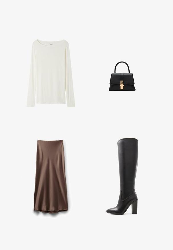 Langärmliges T-Shirt mit Rundhalsausschnitt in Cremefarbe aus weichem Material. Verfügt über einen geraden Schnitt und ein minimalistisches Design ohne Verzierungen.; Satinbrauner Midirock mit glatter Textur und leicht ausgestelltem Saum, der ein schlichtes, unverziertes Design ohne sichtbare Verschlüsse aufweist.; ALDO PILLOW WALK PULL ON GLAJAR - High Heel Stiefel - black; Schwarze strukturierte Handtasche mit glatter Textur, einem einzelnen oberen Griff und einem goldfarbenen Verschlussdetail an der Vorderseite. Minimalistisches Design.; Strukturierte, glänzende goldene, unregelmäßige rechteckige Steckohrringe mit subtilen erhöhten und vertieften Mustern auf einem weißen Hintergrund.