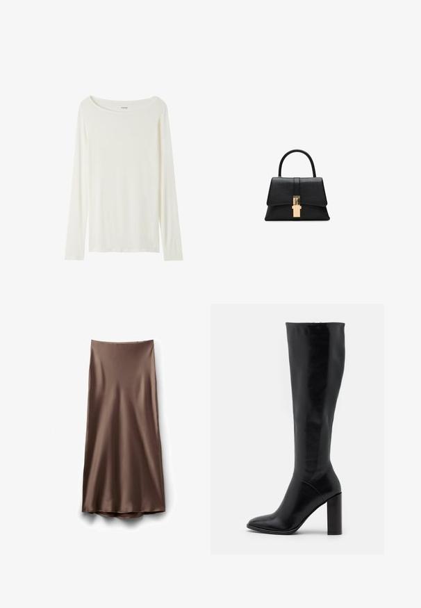 Dlouhý rukáv, top s kulatým výstřihem v krémové barvě, vyrobený z měkké látky. Disponuje rovný střihem a minimalistickým designem bez ozdob.; Satinová hnědá midi sukně s hladkým povrchem a mírně rozšířeným lemem, s jednoduchým, nezdobeným designem a bez viditelných zapínání.; Černé kožené boty do výšky kolen s špičatou špičkou a masivním podpatkem. Hladký povrch s minimálními akcenty a přiléhající design svršku.; Černá strukturovaná kabelka s hladkým povrchem, s jedním horním uchem a zlatým zapínáním na přední straně. Minimalistický design.