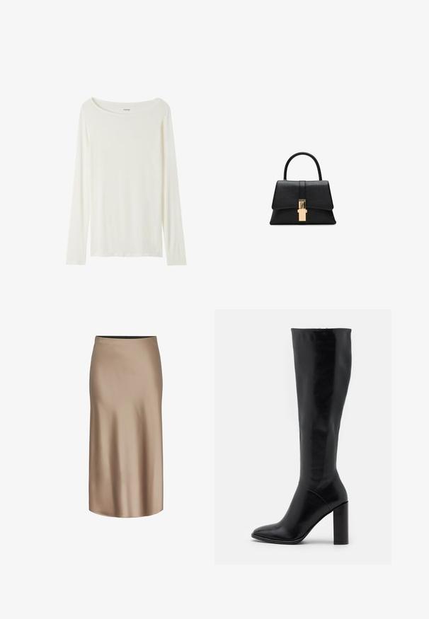 Haut à manches longues et col rond de couleur crème, fabriqué en tissu doux. Présente une coupe droite et un design minimaliste sans embellissements.; Jupe midi en satin marron avec une texture lisse, une silhouette droite et une taille élastique pour le confort. Pas de motifs ou d'accents visibles.; Bottes en cuir noir jusqu'au genou avec un bout pointu et un talon épais. Texture lisse avec des accents minimaux et un design de tige ajustée.; Sac à main structuré noir avec une texture lisse, une poignée supérieure unique et un fermoir doré à l'avant. Design minimaliste.; Boucles d'oreilles créoles en or texturé et brillant, de forme rectangulaire irrégulière, avec des motifs légèrement en relief et en creux sur un fond blanc.