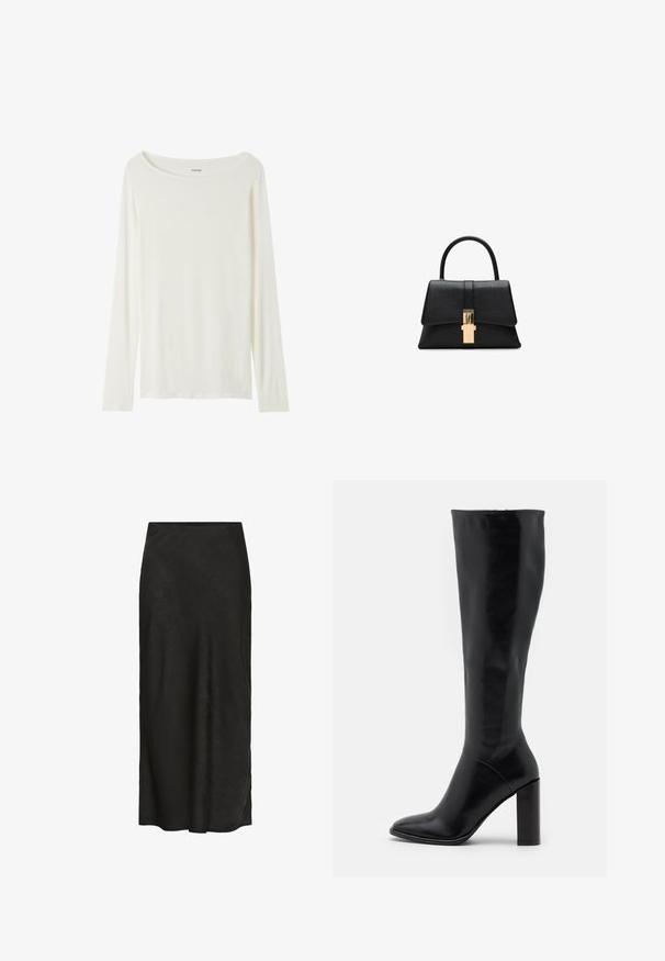 Langsleeve, ronde hals top in crème kleur, gemaakt van zachte stof. Kenmerkt zich door een rechte snit en een minimalistisch ontwerp zonder versieringen.; Zwarte, vloerlange rok van textuurstof. Heeft een gladde tailleband, een lichte val en een minimalistisch ontwerp zonder verdere details.; Zwart leren laarzen tot de knie met een spitse neus en een chunky hak. Vlotte textuur met minimale accenten en een aansluitend schachtontwerp.; Zwarte gestructureerde handtas met een gladde textuur, een enkele handgreep aan de bovenkant en een goudkleurige sluiting detail aan de voorkant. Minimalistisch ontwerp.; Gestructureerde glanzende gouden onregelmatige rechthoekige stud oorbellen met subtiele verhoogde en ingedrukte patronen op een witte achtergrond.