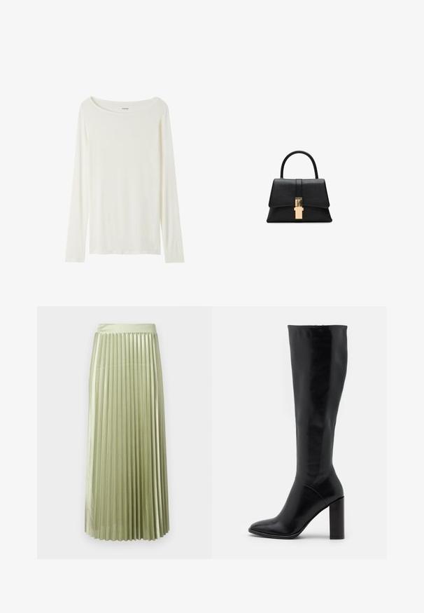 Haut à manches longues et col rond de couleur crème, fabriqué en tissu doux. Présente une coupe droite et un design minimaliste sans embellissements.; Jupe midi plissée en satin vert clair avec une texture lisse. Taille ajustée, longueur mi-mollet, avec des plis verticaux réguliers sur toute la surface.; Bottes en cuir noir jusqu'au genou avec un bout pointu et un talon épais. Texture lisse avec des accents minimaux et un design de tige ajustée.; Sac à main structuré noir avec une texture lisse, une poignée supérieure unique et un fermoir doré à l'avant. Design minimaliste.
