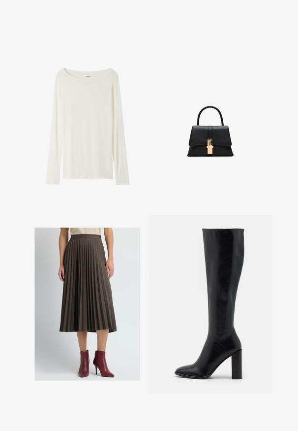 Haut à manches longues et col rond de couleur crème, fabriqué en tissu doux. Présente une coupe droite et un design minimaliste sans embellissements.; Jupe midi plissée marron avec une finition texturée, dotée d'une taille et tombant juste en dessous du mollet, associée à des bottines bordeaux.; Bottes en cuir noir jusqu'au genou avec un bout pointu et un talon épais. Texture lisse avec des accents minimaux et un design de tige ajustée.; Sac à main structuré noir avec une texture lisse, une poignée supérieure unique et un fermoir doré à l'avant. Design minimaliste.; Boucles d'oreilles créoles en or texturé et brillant, de forme rectangulaire irrégulière, avec des motifs légèrement en relief et en creux sur un fond blanc.