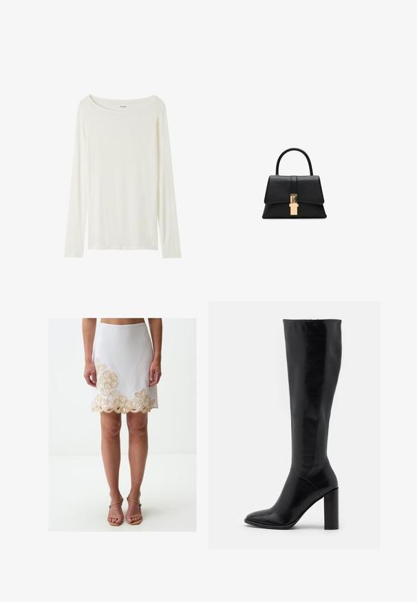 Langärmliges T-Shirt mit Rundhalsausschnitt in Cremefarbe aus weichem Material. Verfügt über einen geraden Schnitt und ein minimalistisches Design ohne Verzierungen.; Weißer Rock mit besticktem goldenen Blumenmuster am Saum, der eine figurbetonte Silhouette und einen glatten, strukturierten Stoff aufweist.; Knielange schwarze Lederstiefel mit spitzer Zehe und klobigem Absatz. Glatte Textur mit minimalen Akzenten und einem enganliegenden Schaftdesign.; Schwarze strukturierte Handtasche mit glatter Textur, einem einzelnen oberen Griff und einem goldfarbenen Verschlussdetail an der Vorderseite. Minimalistisches Design.; Strukturierte, glänzende goldene, unregelmäßige rechteckige Steckohrringe mit subtilen erhöhten und vertieften Mustern auf einem weißen Hintergrund.