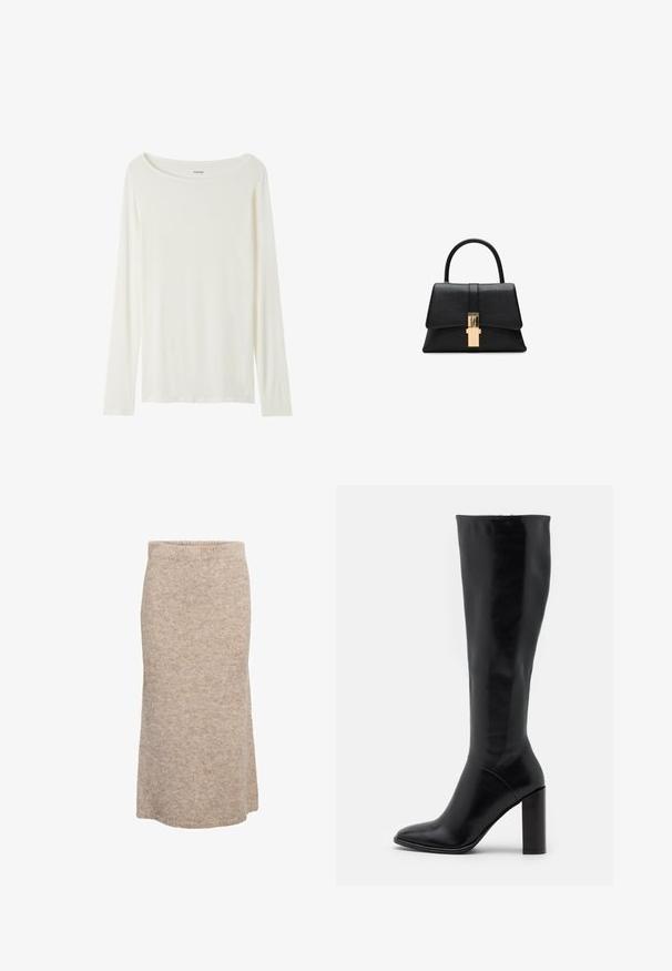 Haut à manches longues et col rond de couleur crème, fabriqué en tissu doux. Présente une coupe droite et un design minimaliste sans embellissements.; Jupe midi en laine beige avec une texture douce, une taille élastique et une silhouette droite, présentant un subtil motif chiné.; Bottes en cuir noir jusqu'au genou avec un bout pointu et un talon épais. Texture lisse avec des accents minimaux et un design de tige ajustée.; Sac à main structuré noir avec une texture lisse, une poignée supérieure unique et un fermoir doré à l'avant. Design minimaliste.; Boucles d'oreilles créoles en or texturé et brillant, de forme rectangulaire irrégulière, avec des motifs légèrement en relief et en creux sur un fond blanc.