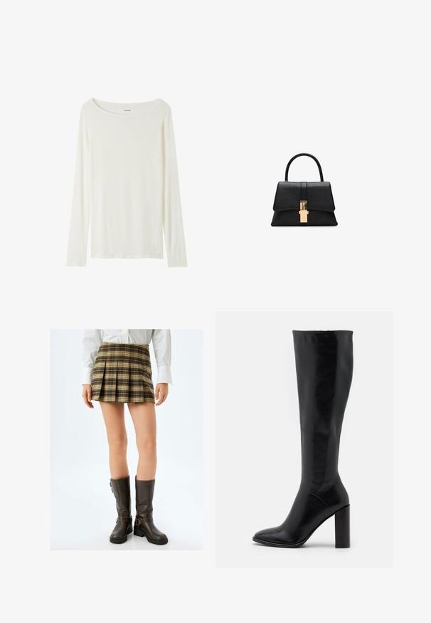 Haut à manches longues et col rond de couleur crème, fabriqué en tissu doux. Présente une coupe droite et un design minimaliste sans embellissements.; Jupe plissée mini à carreaux bruns avec des accents beiges et verts, associée à des bottes montantes marron ajustées avec des boucles et une finition texturée.; Bottes en cuir noir jusqu'au genou avec un bout pointu et un talon épais. Texture lisse avec des accents minimaux et un design de tige ajustée.; Sac à main structuré noir avec une texture lisse, une poignée supérieure unique et un fermoir doré à l'avant. Design minimaliste.; Boucles d'oreilles créoles en or texturé et brillant, de forme rectangulaire irrégulière, avec des motifs légèrement en relief et en creux sur un fond blanc.