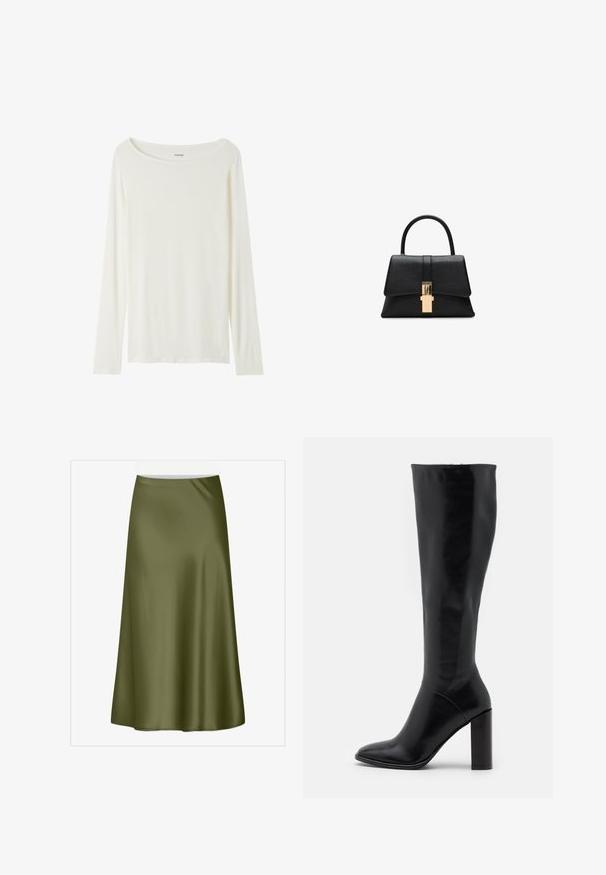 Dlouhý rukáv, top s kulatým výstřihem v krémové barvě, vyrobený z měkké látky. Disponuje rovný střihem a minimalistickým designem bez ozdob.; Olivově zelená saténová sukně délky po kolena s hladkou texturou a mírným rozšířením. Obsahuje pas a nemá viditelné zapínání ani vzory.; Černé kožené boty do výšky kolen s špičatou špičkou a masivním podpatkem. Hladký povrch s minimálními akcenty a přiléhající design svršku.; Černá strukturovaná kabelka s hladkým povrchem, s jedním horním uchem a zlatým zapínáním na přední straně. Minimalistický design.