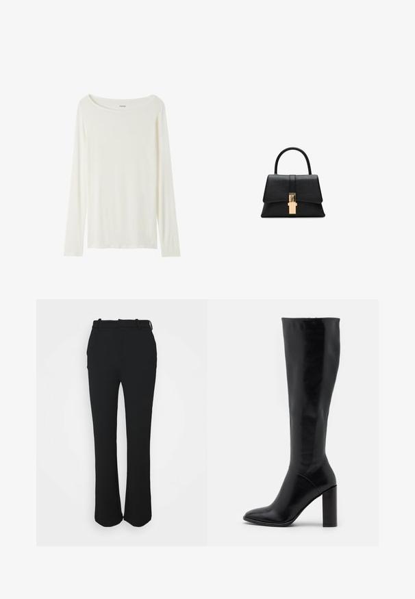 Top de manga larga y cuello redondo en color crema, hecho de una tela suave. Presenta un corte recto y un diseño minimalista sin adornos.; Pantalones negros ajustados con un acabado suave, diseño de pierna recta y cinturilla. Cuenta con detalles de costura sutiles y sin bolsillos.; Botas negras de cuero hasta la rodilla con punta afilada y tacón grueso. Textura suave con acentos mínimos y un diseño de caña ajustada.; Bolso estructurado negro con textura suave, un asa superior y un detalle de clasp en tono dorado en la parte frontal. Diseño minimalista.; Pendientes de studs irregulares rectangulares en oro brillante texturizado, con sutiles patrones elevados e hundidos sobre un fondo blanco.